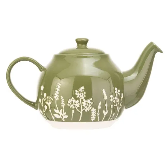 6 Cup Teapot Floral Design - Green, Stoneware