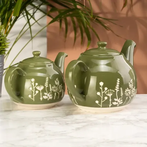 6 Cup Teapot Floral Design - Green, Stoneware image