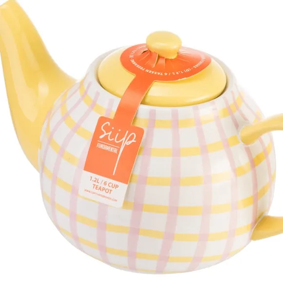 6 Cup Teapot Gingham Design - Pink, Stoneware