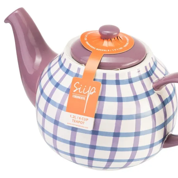 6 Cup Teapot Gingham Design - Purple, Stoneware