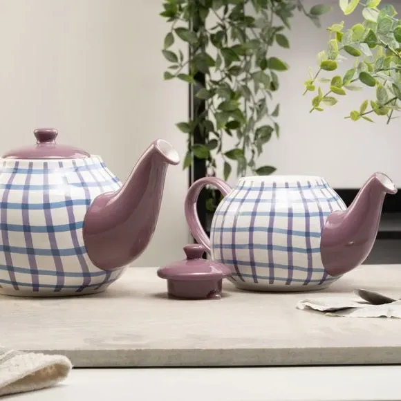 6 Cup Teapot Gingham Design - Purple, Stoneware