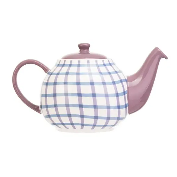 6 Cup Teapot Gingham Design - Purple, Stoneware