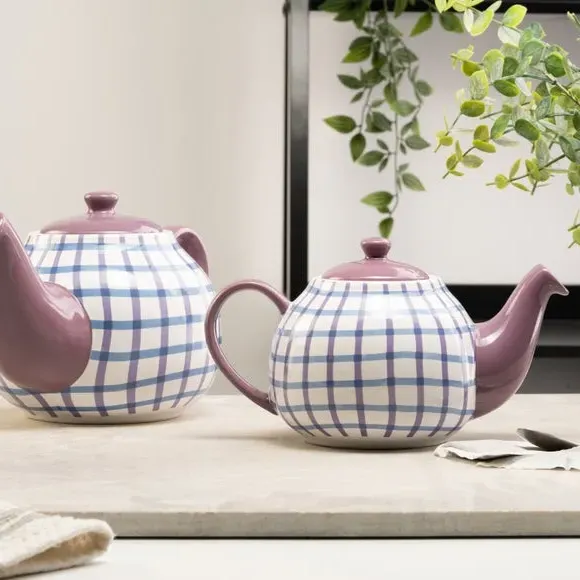6 Cup Teapot Gingham Design - Purple, Stoneware