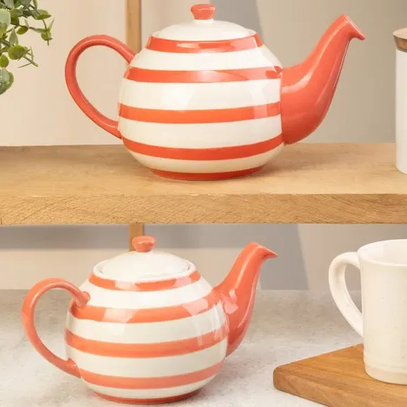 6 Cup Teapot Striped Design - Red, Stoneware