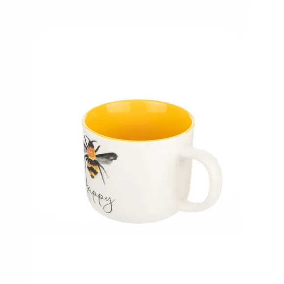 Set of 4 Bee Mugs - White, Bone China