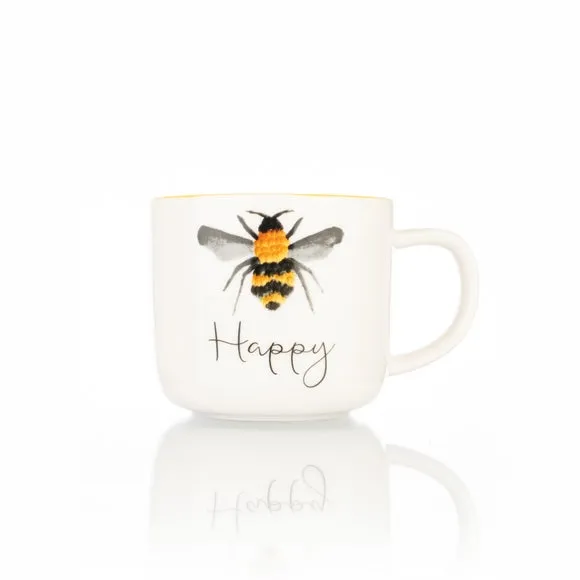 Set of 4 Bee Mugs - White, Bone China