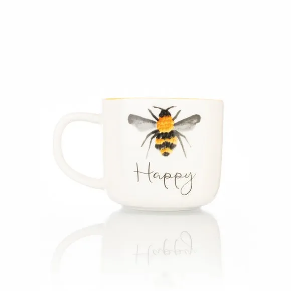 Set of 4 Bee Mugs - White, Bone China