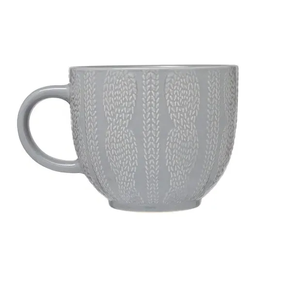 Set of 4 Embossed Knit Mugs - Grey, Stoneware