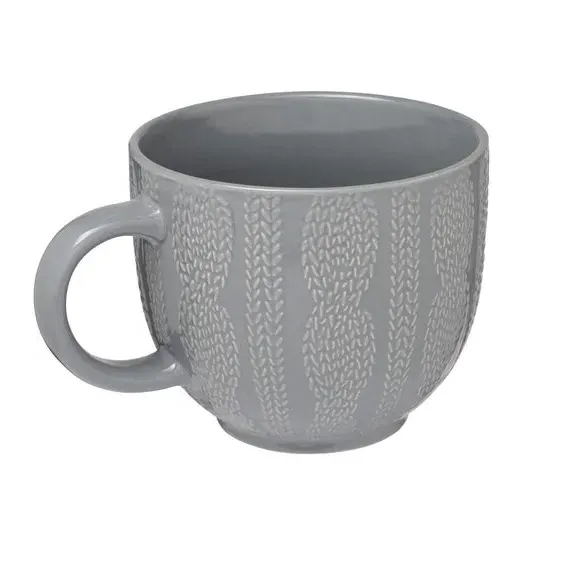 Set of 4 Embossed Knit Mugs - Grey, Stoneware