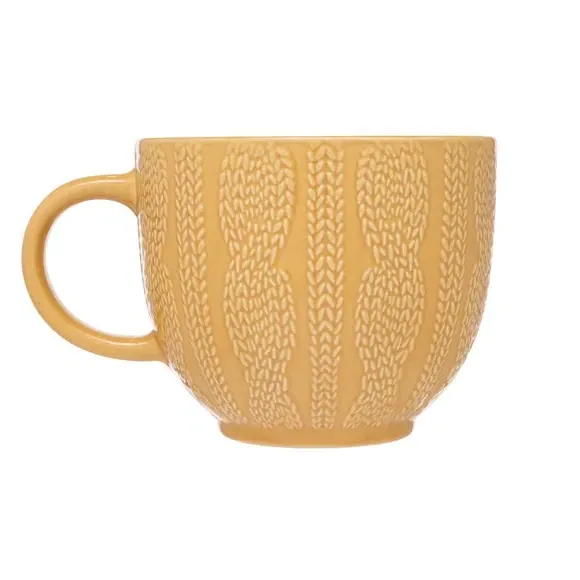 Set of 4 Embossed Knit Mugs - Mustard, Stoneware
