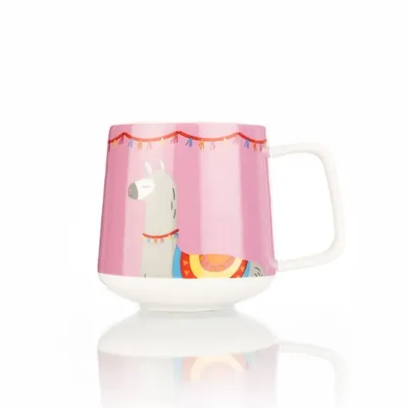 Set of 4 Mugs with Llama Design - Pink, Bone China