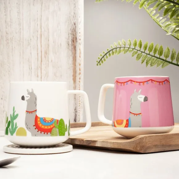 Set of 4 Mugs with Llama Design - Pink, Bone China