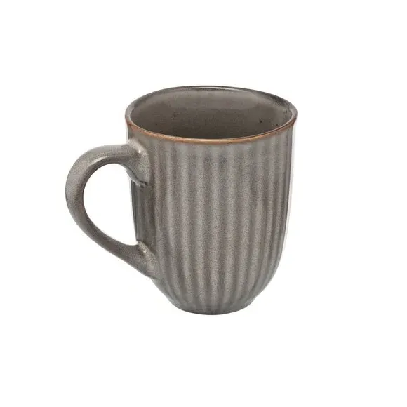 Set of 4 Ribbed Mugs - Dark Grey, Stoneware