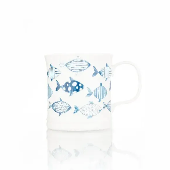Set of 4 Tankard Mugs Fish Design - Blue, Bone China