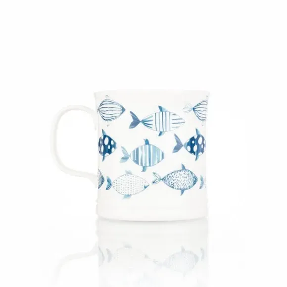 Set of 4 Tankard Mugs Fish Design - Blue, Bone China