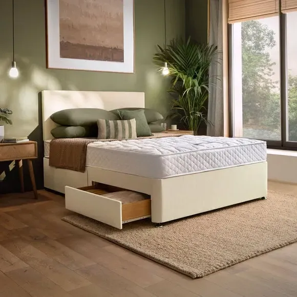 Divan Bed Set with Headboard - Cream, Fabric