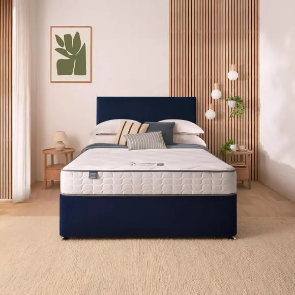 Divan Bed with Headboard & Mattress - Blue, Velvet