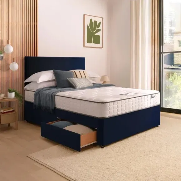 Divan Bed with Headboard & Mattress - Blue, Velvet