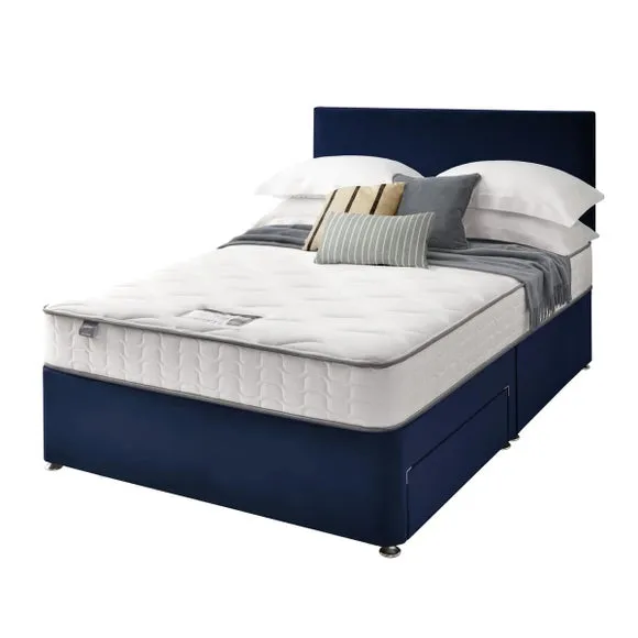 Divan Bed with Headboard & Mattress - Blue, Velvet