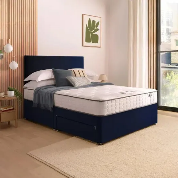 Divan Bed with Headboard & Mattress - Blue, Velvet