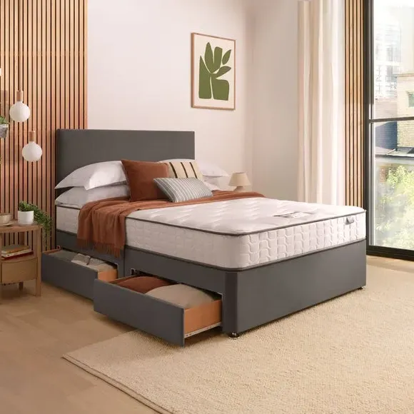 Divan Bed with Headboard & Mattress - Charcoal, Velvet