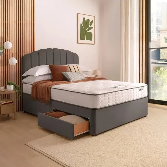 Divan Bed with Headboard & Mattress - Charcoal, Velvet