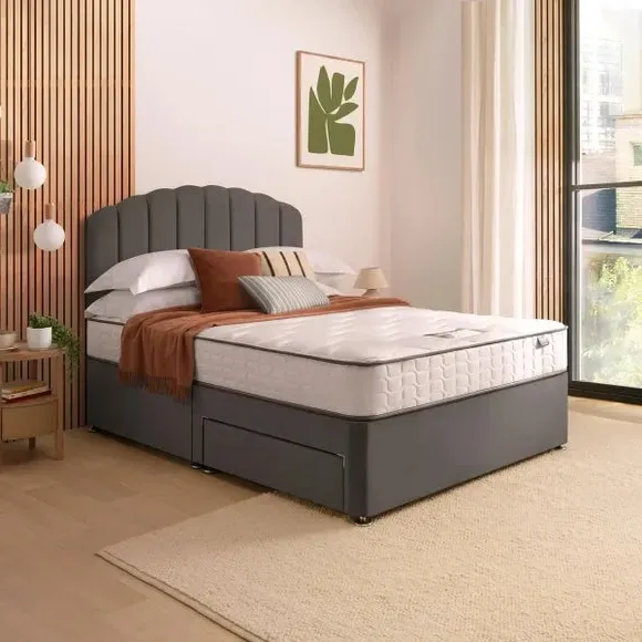 Divan Bed with Headboard & Mattress - Charcoal, Velvet