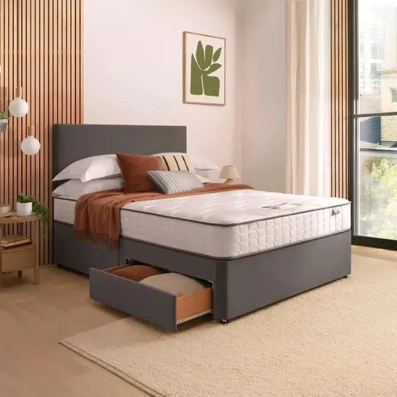Divan Bed with Headboard & Mattress - Charcoal, Velvet