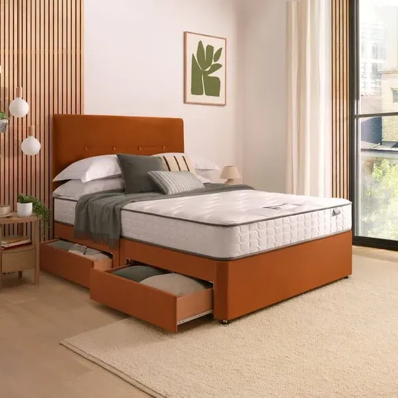 Divan Bed with Headboard & Mattress - Gold, Velvet