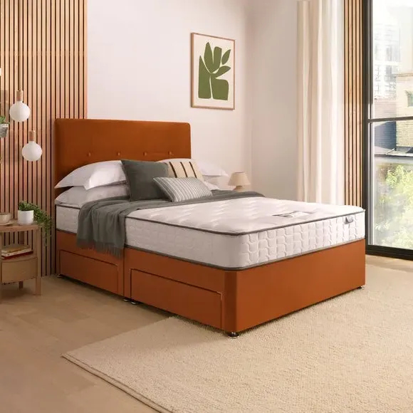 Divan Bed with Headboard & Mattress - Gold, Velvet