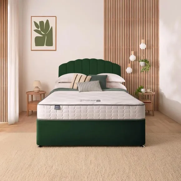 Divan Bed with Headboard & Mattress - Green, Velvet