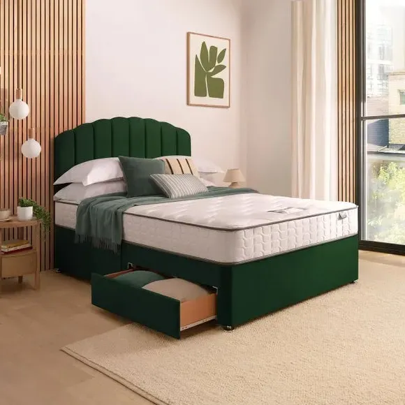Divan Bed with Headboard & Mattress - Green, Velvet
