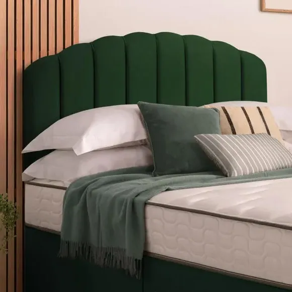 Divan Bed with Headboard & Mattress - Green, Velvet