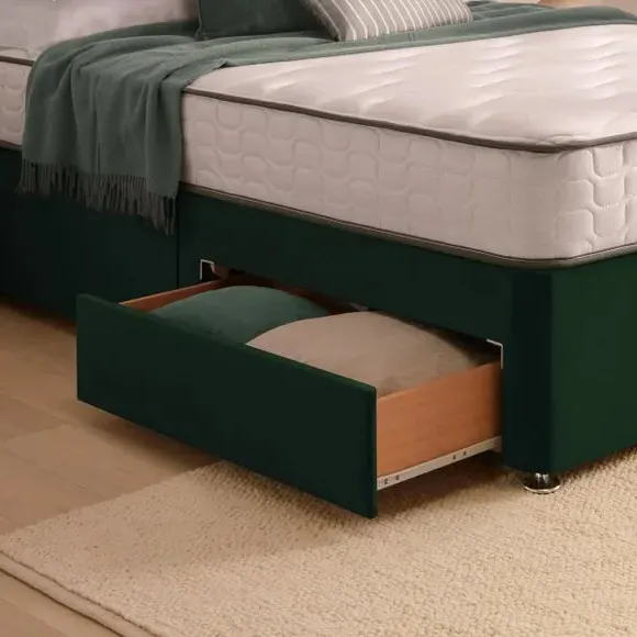 Divan Bed with Headboard & Mattress - Green, Velvet
