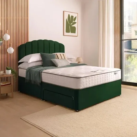 Divan Bed with Headboard & Mattress - Green, Velvet