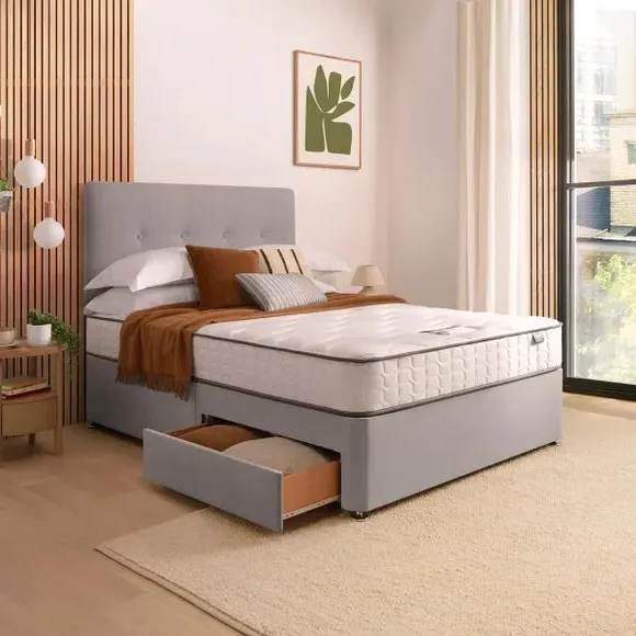 Divan Bed with Headboard & Mattress - Grey, Fabric