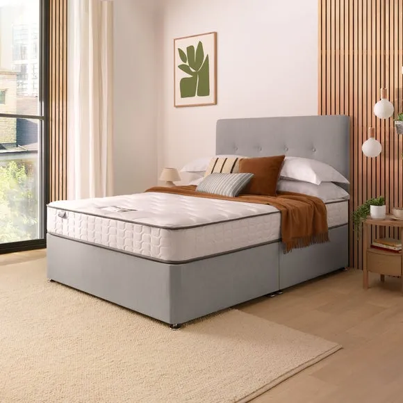Divan Bed with Headboard & Mattress - Grey, Fabric