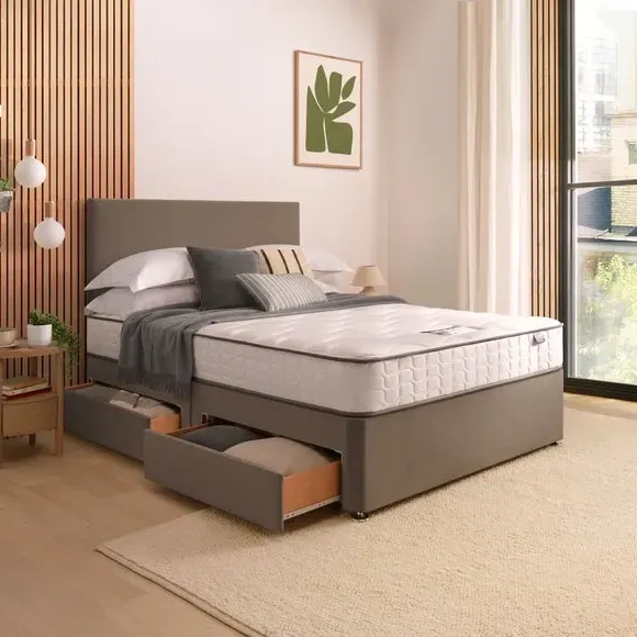 Divan Bed with Headboard & Mattress - Mink, Velvet