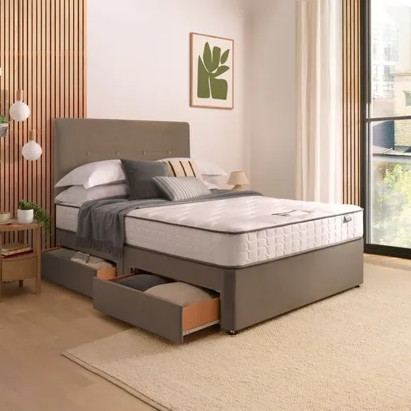 Divan Bed with Headboard & Mattress - Mink, Velvet