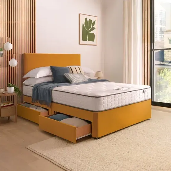 Divan Bed with Headboard & Mattress - Ochre, Velvet