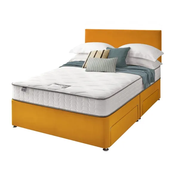 Divan Bed with Headboard & Mattress - Ochre, Velvet