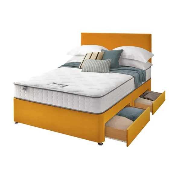 Divan Bed with Headboard & Mattress - Ochre, Velvet