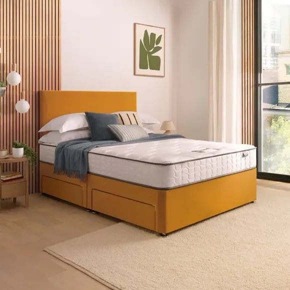 Divan Bed with Headboard & Mattress - Ochre, Velvet