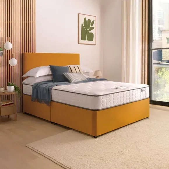 Divan Bed with Headboard & Mattress - Ochre, Velvet