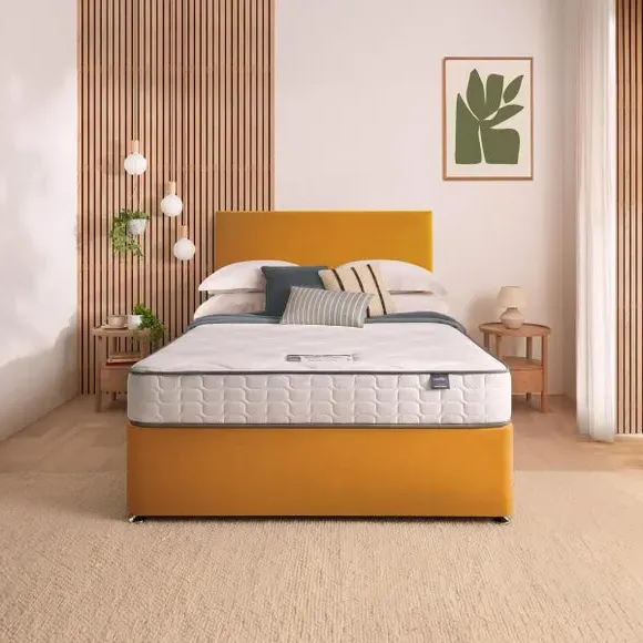 Divan Bed with Headboard & Mattress - Ochre, Velvet