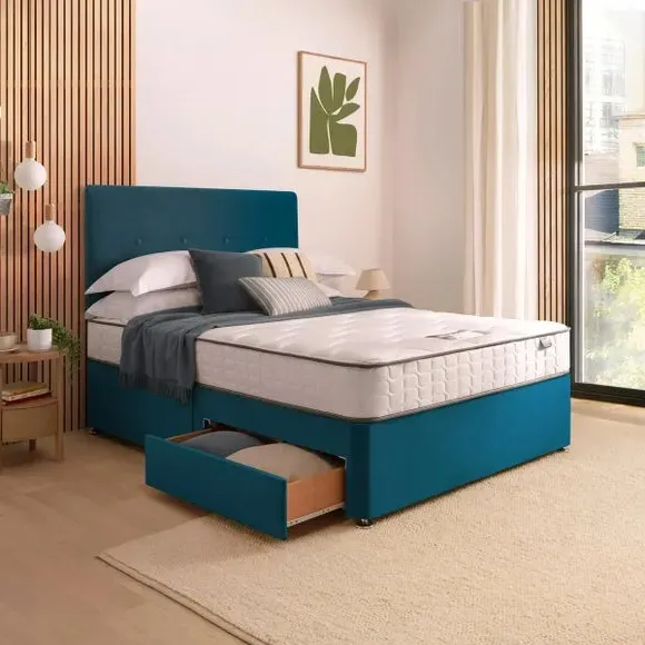 Divan Bed with Headboard & Mattress - Peacock, Velvet
