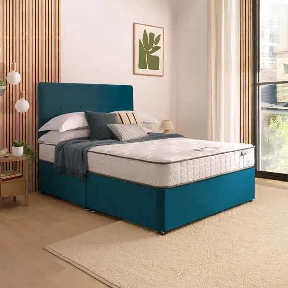 Divan Bed with Headboard & Mattress - Peacock, Velvet