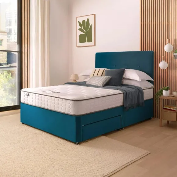 Divan Bed with Headboard & Mattress - Peacock, Velvet