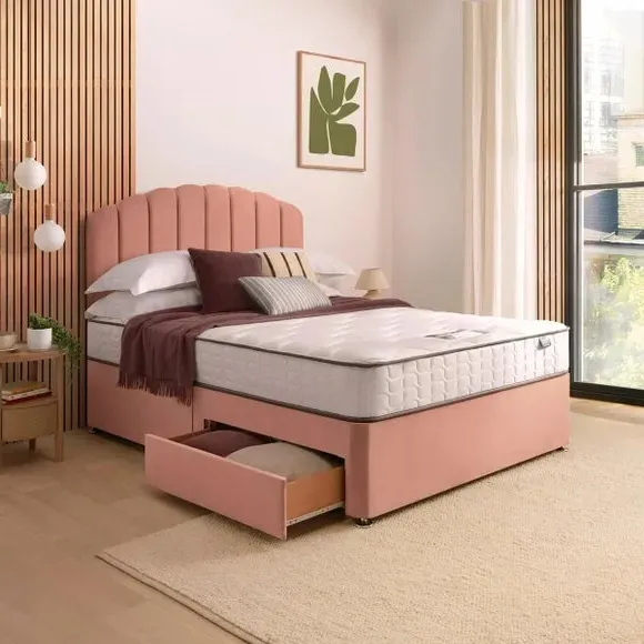 Divan Bed with Headboard & Mattress - Pink, Velvet