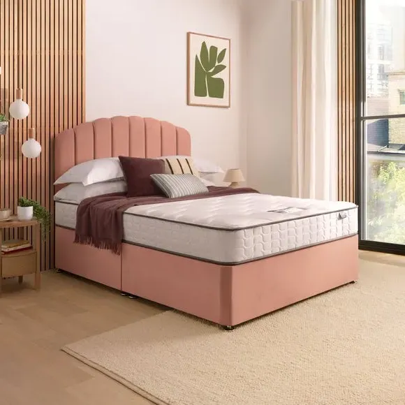 Divan Bed with Headboard & Mattress - Pink, Velvet